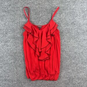 Y2K Express Tank Top Womens Small Red Ruffle Scoop Neck Spaghetti Strap Camisole
